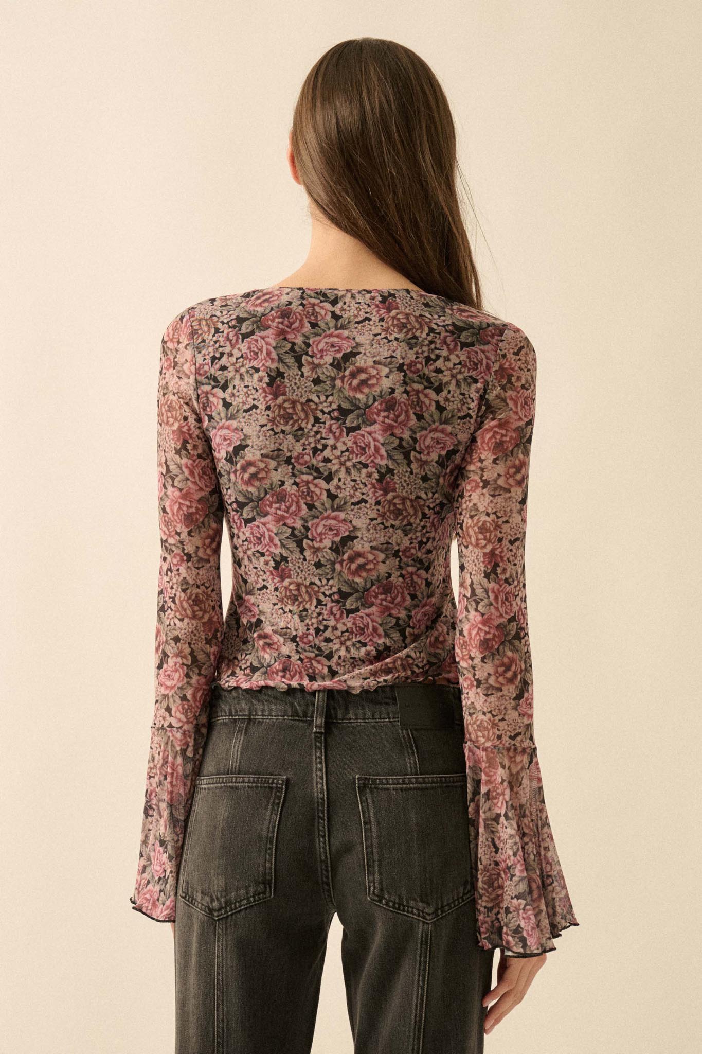 Rose Knows Floral Mesh Tie-Front Bell-Sleeve Top - ShopPromesa