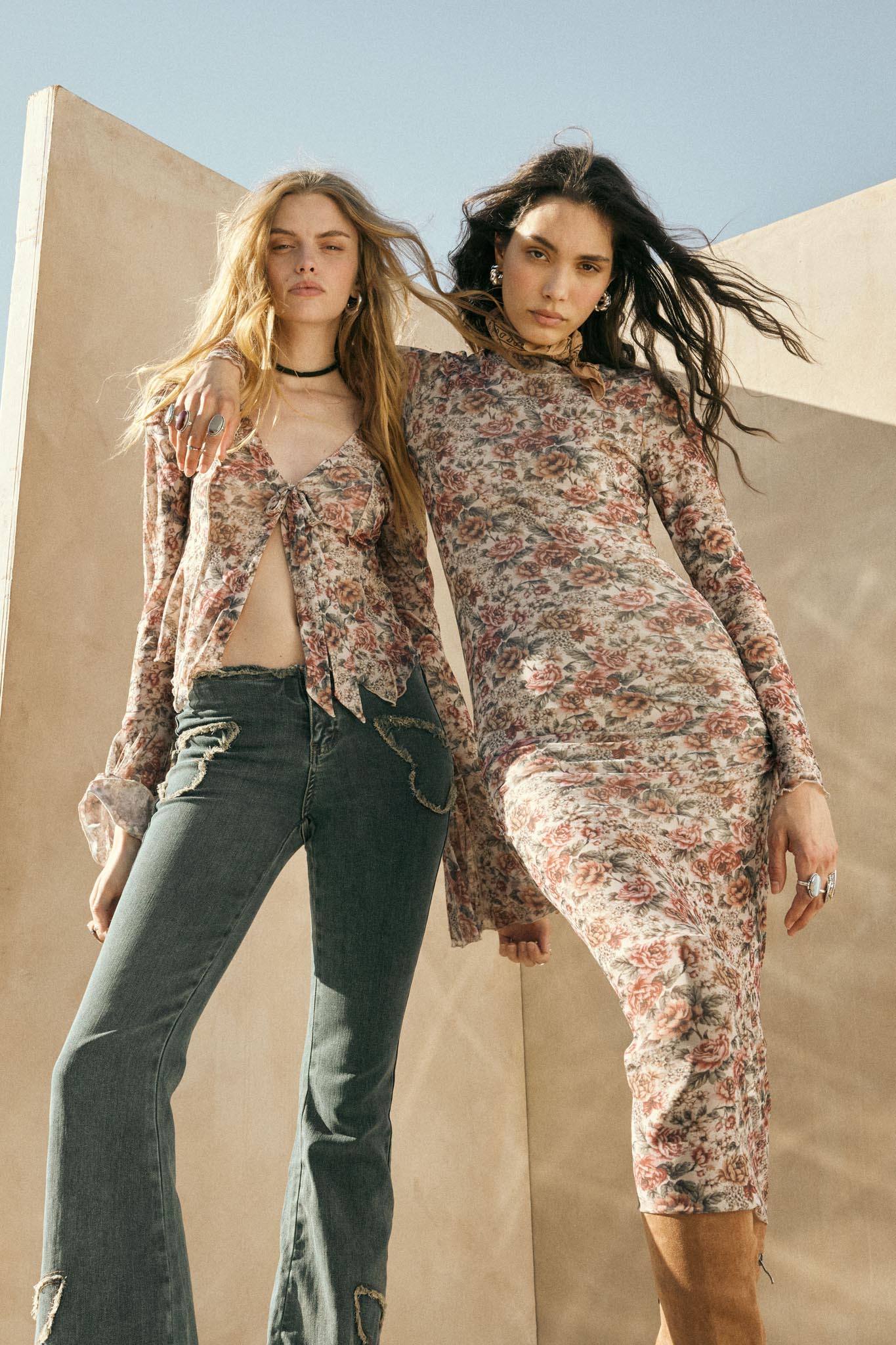 Rose Knows Floral Mesh Tie-Front Bell-Sleeve Top