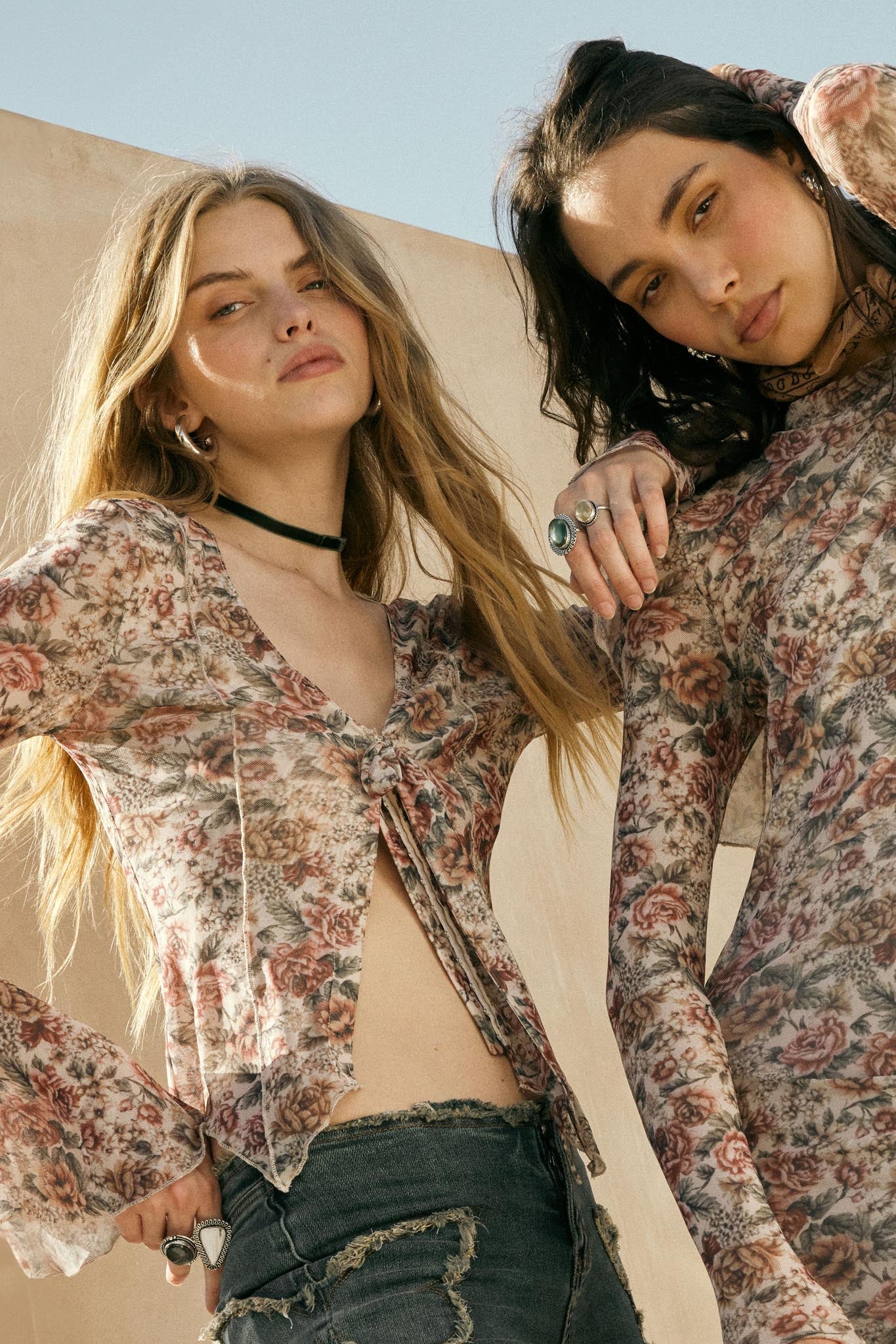 Rose Knows Floral Mesh Tie-Front Bell-Sleeve Top - ShopPromesa