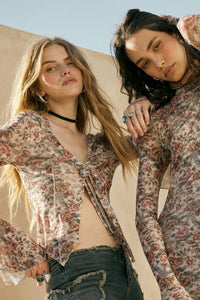 Rose Knows Floral Mesh Tie-Front Bell-Sleeve Top - ShopPromesa