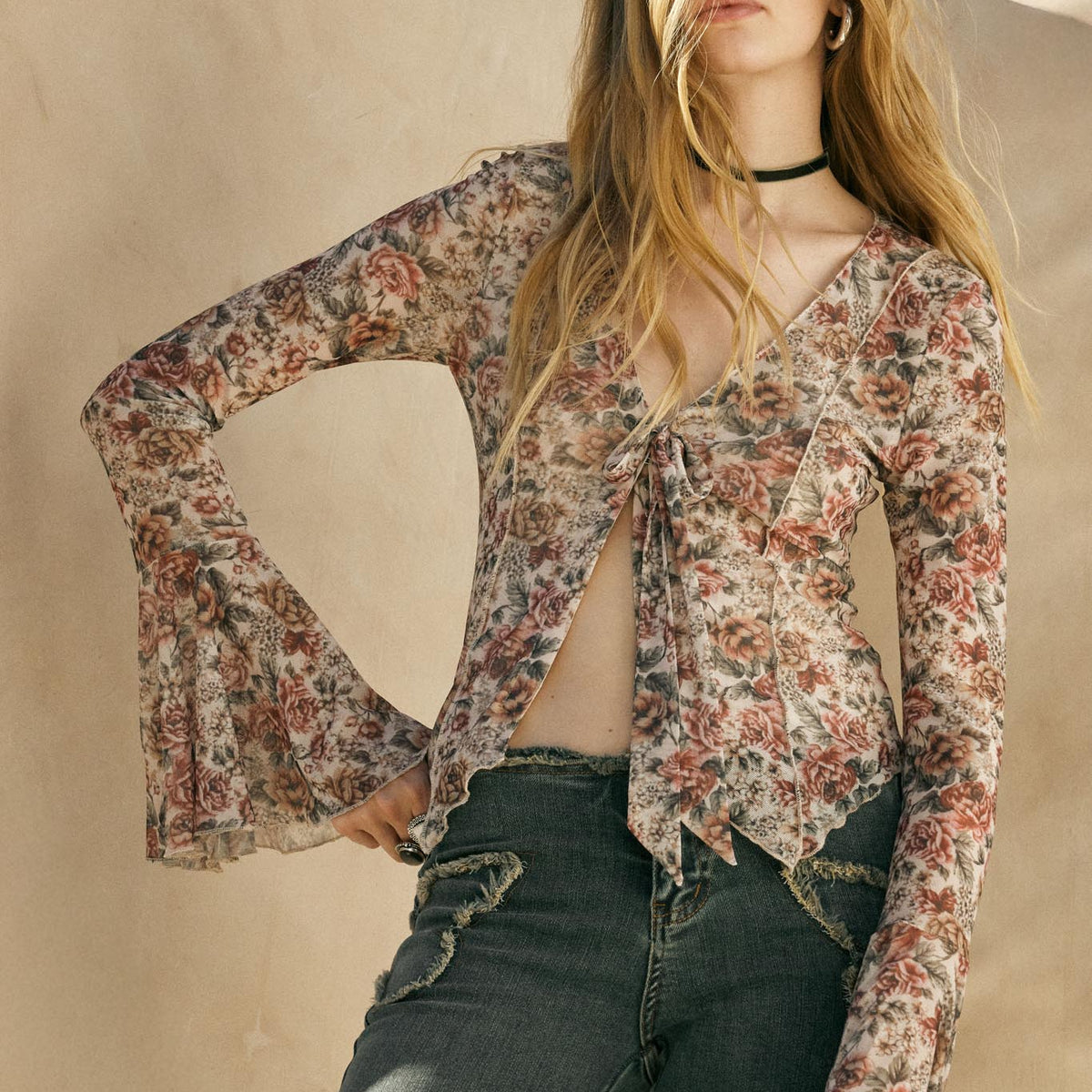 Rose Knows Floral Mesh Tie-Front Bell-Sleeve Top | ShopPromesa