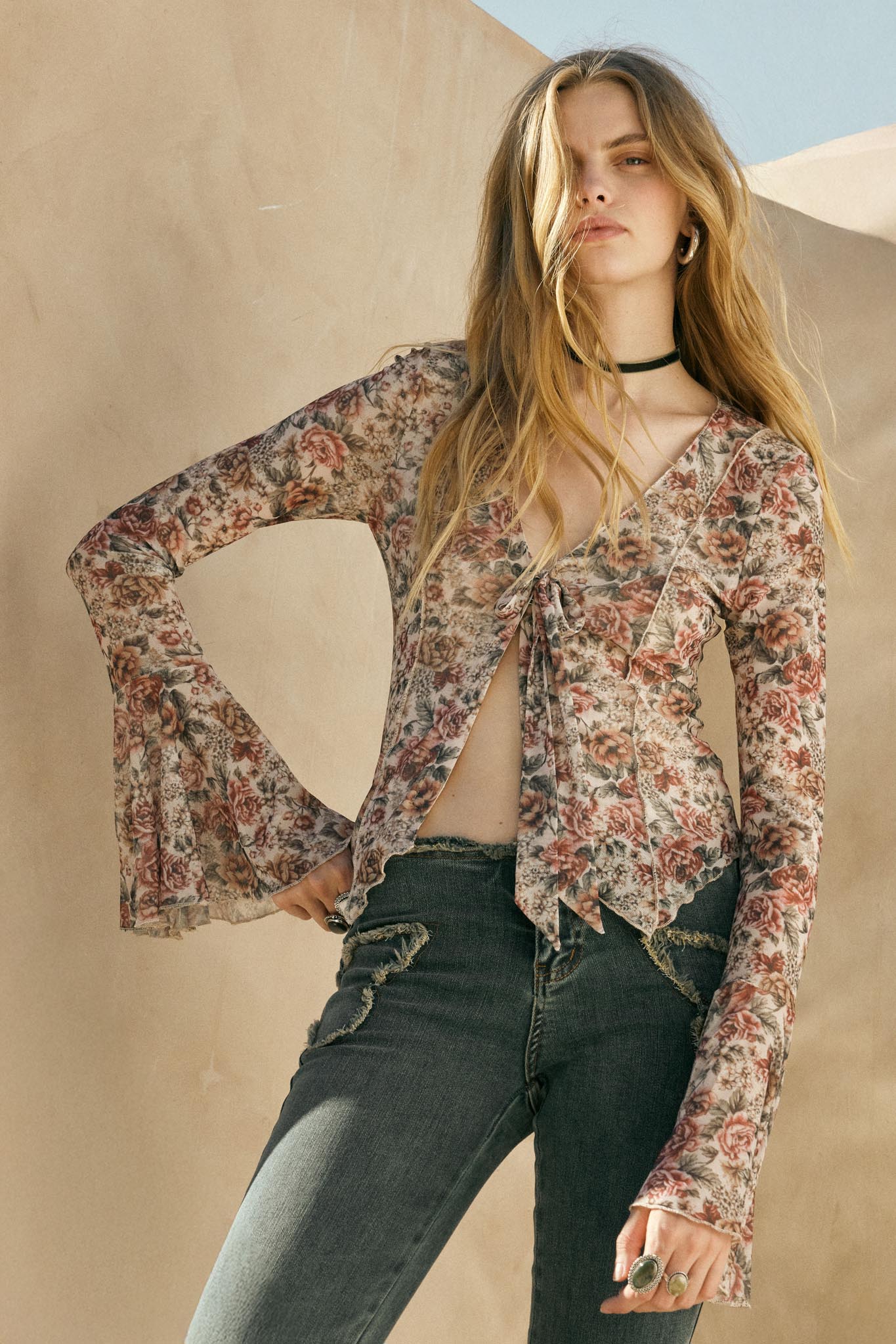 Rose Knows Floral Mesh Tie-Front Bell-Sleeve Top | ShopPromesa