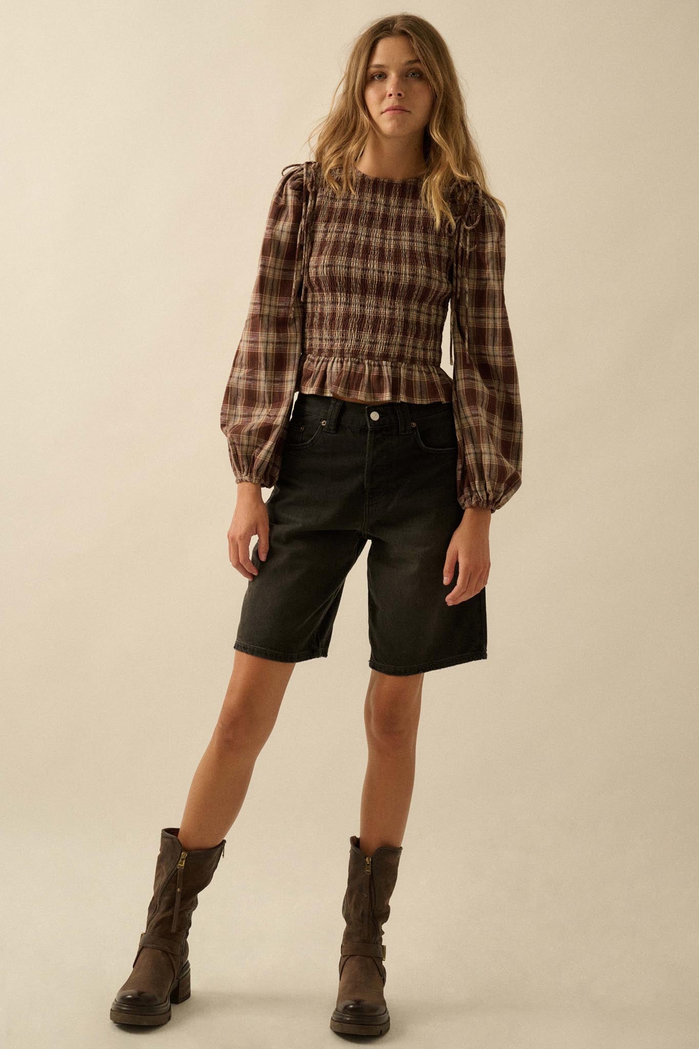 Come Together Plaid Detachable-Sleeve Peasant Top - ShopPromesa