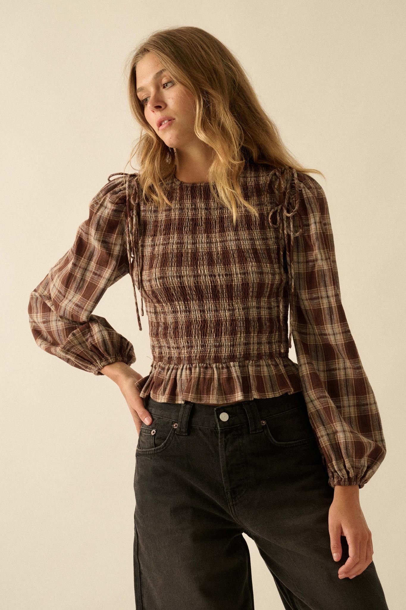 Come Together Plaid Detachable-Sleeve Peasant Top - ShopPromesa