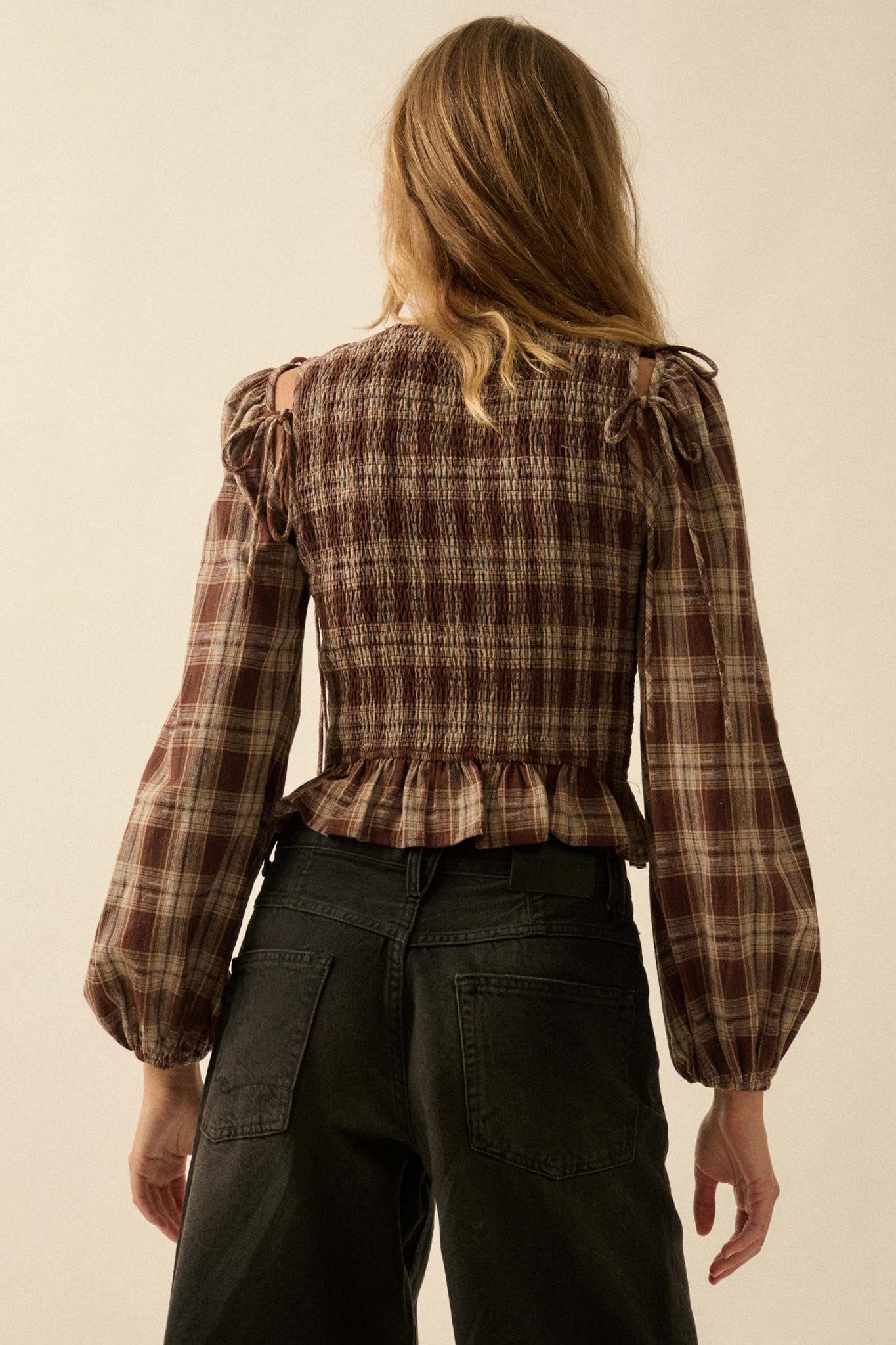 Come Together Plaid Detachable-Sleeve Peasant Top - ShopPromesa