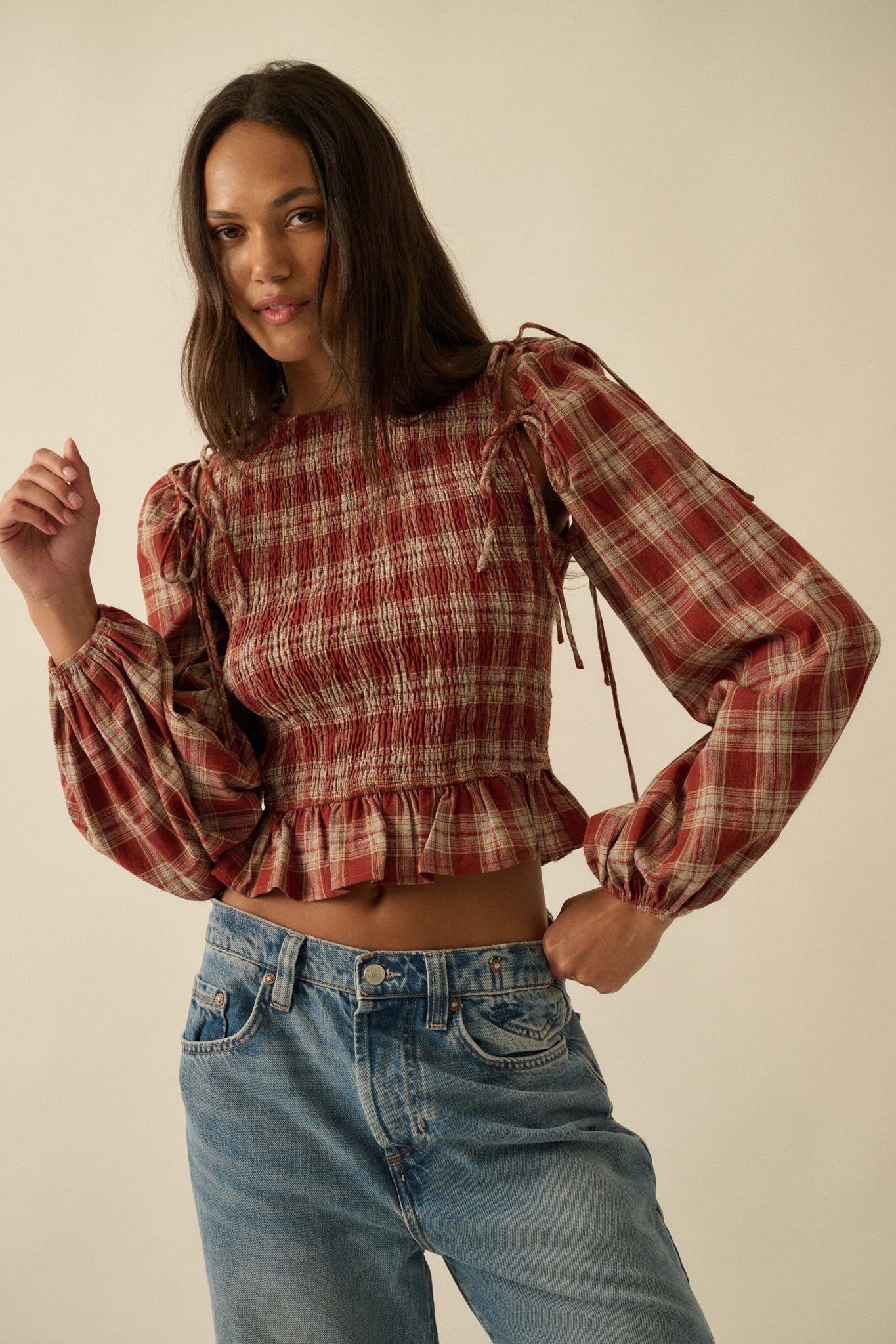 Come Together Plaid Detachable-Sleeve Peasant Top - ShopPromesa