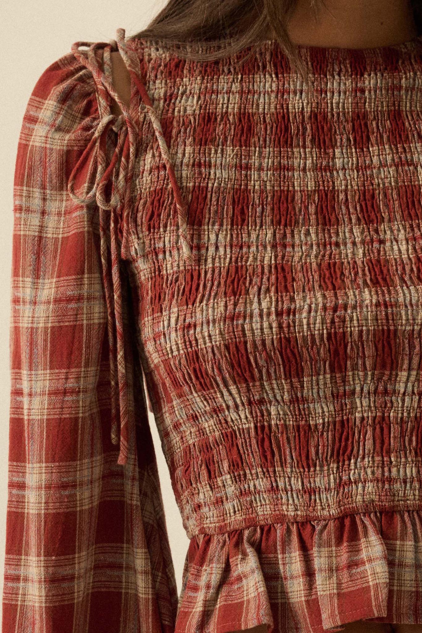 Come Together Plaid Detachable-Sleeve Peasant Top - ShopPromesa