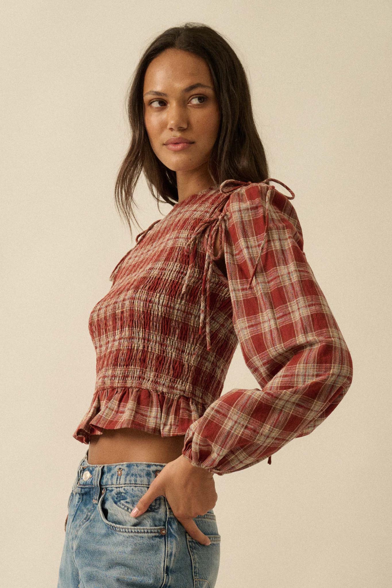 Come Together Plaid Detachable-Sleeve Peasant Top - ShopPromesa