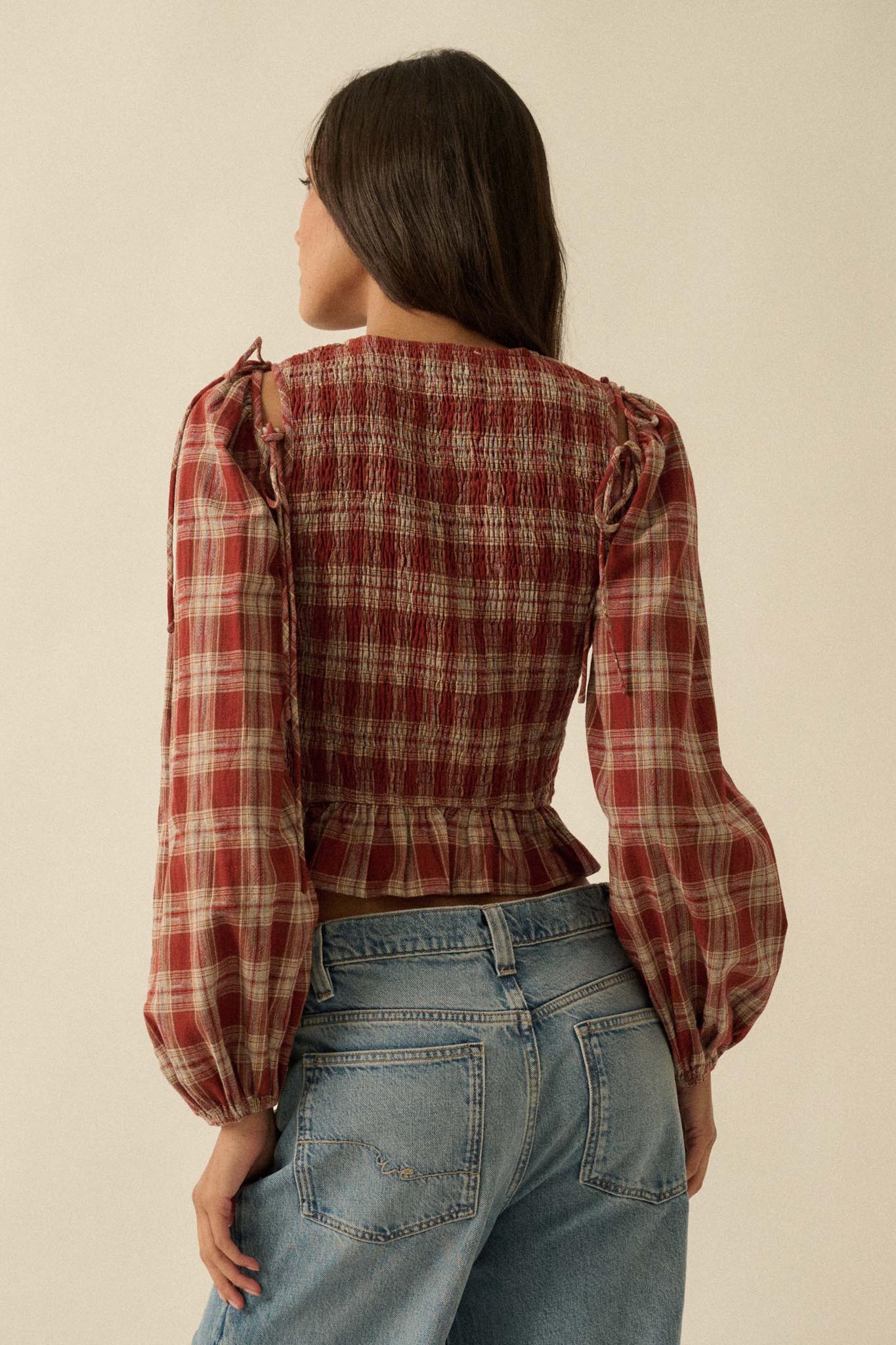 Come Together Plaid Detachable-Sleeve Peasant Top - ShopPromesa