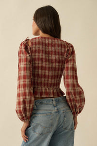 Come Together Plaid Detachable-Sleeve Peasant Top - ShopPromesa