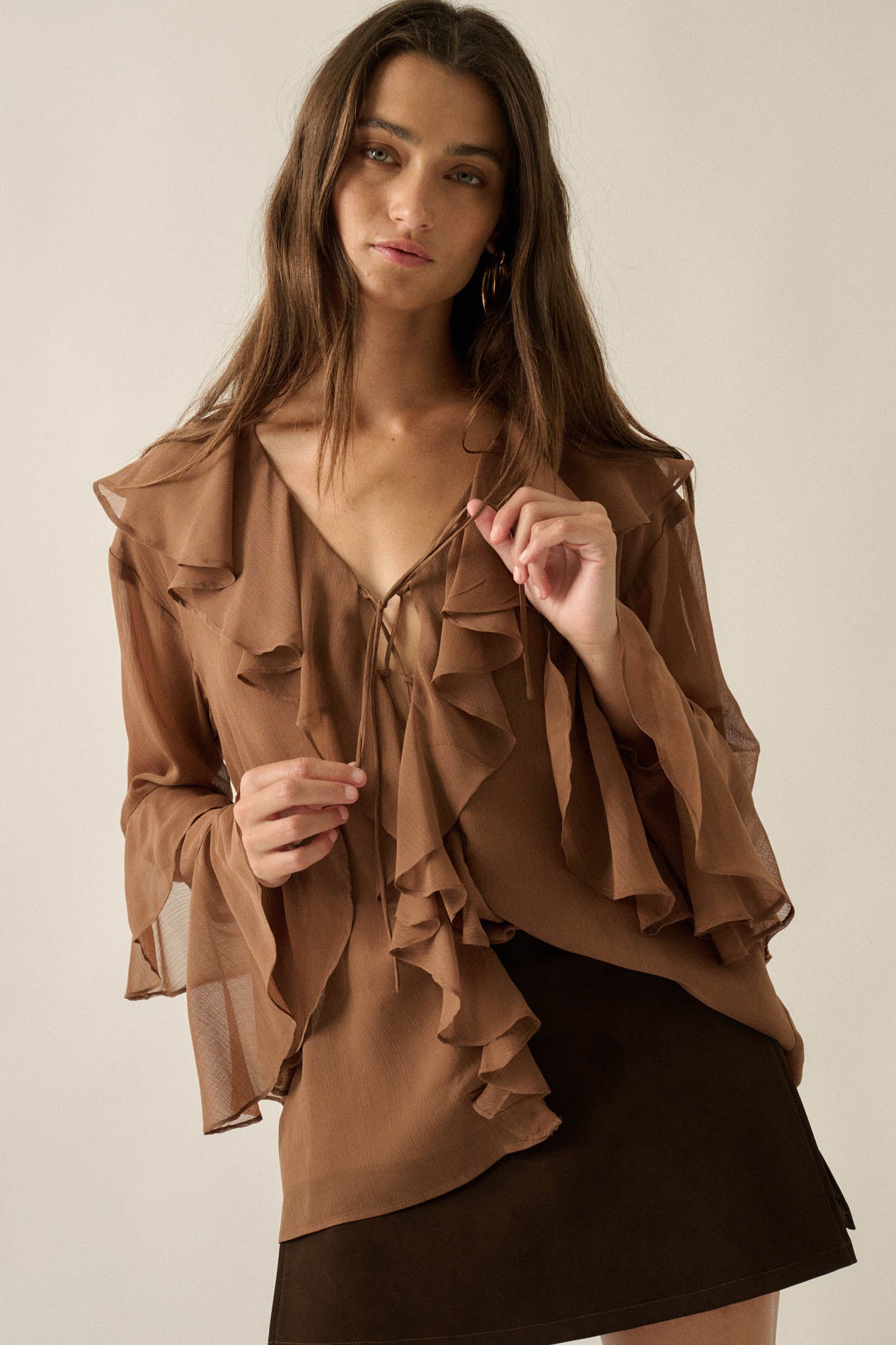 Romance Language Ruffled Chiffon Tie-Front Top
