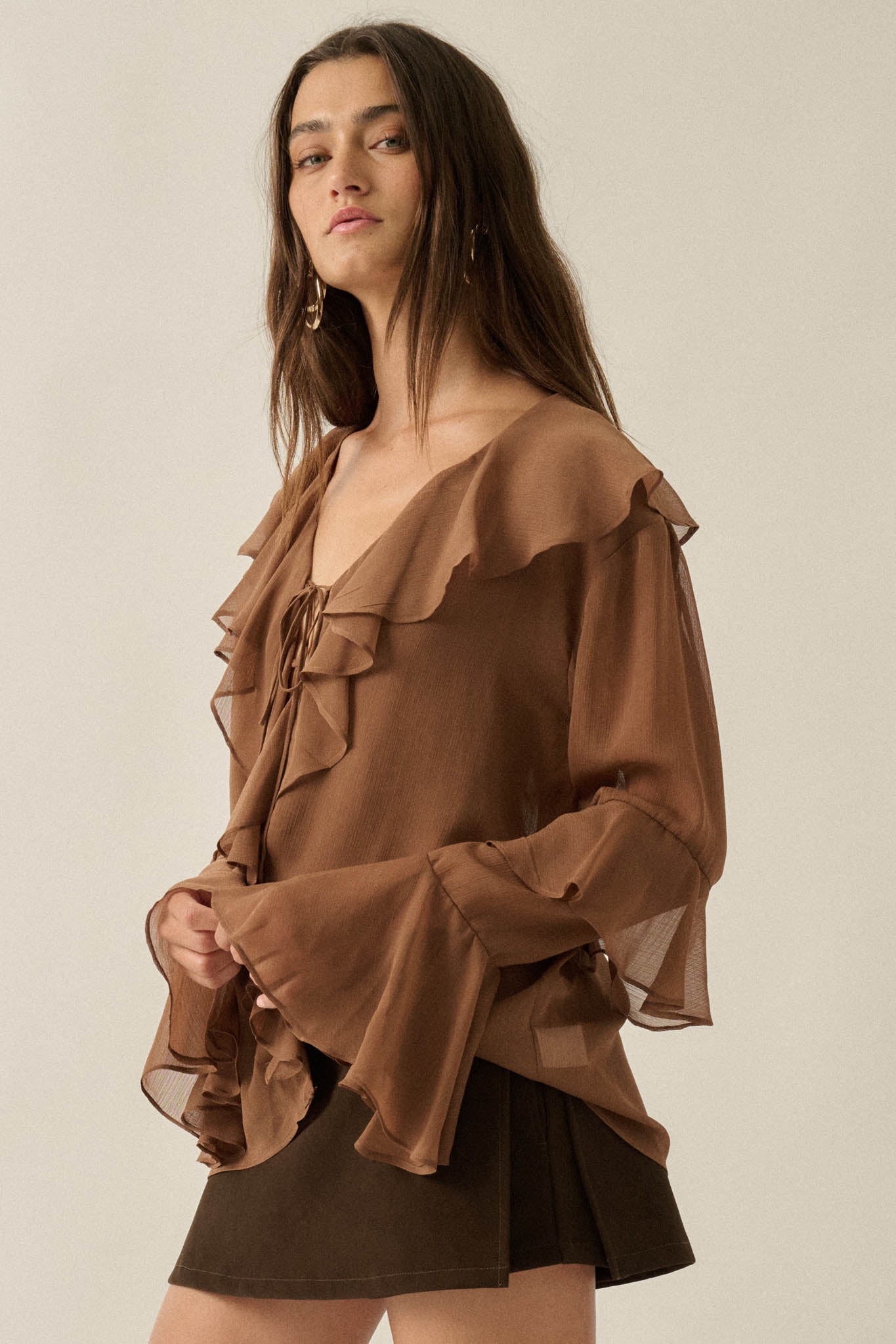 Romance Language Ruffled Chiffon Tie-Front Top