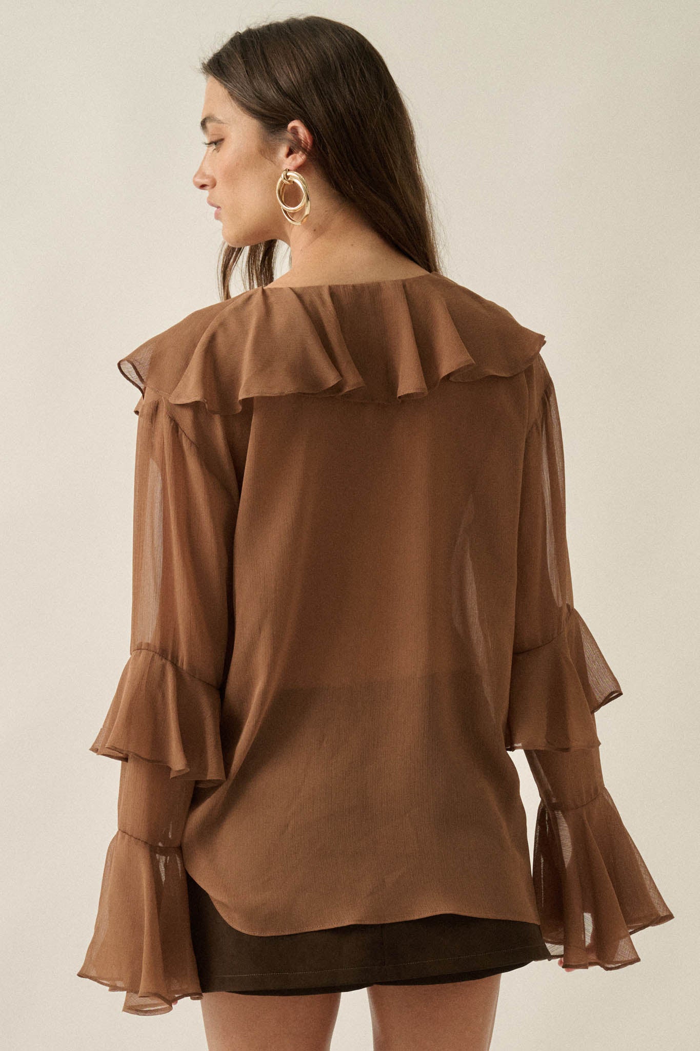 Romance Language Ruffled Chiffon Tie-Front Top