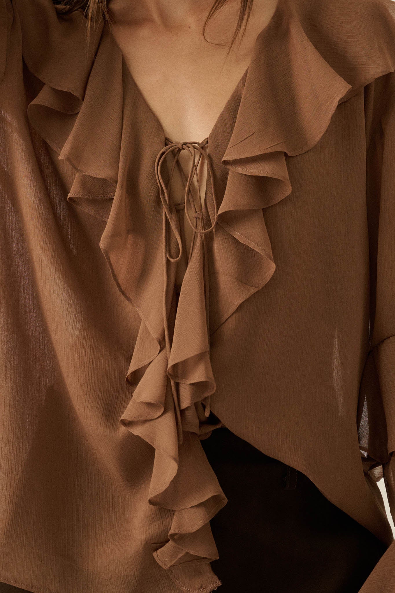 Romance Language Ruffled Chiffon Tie-Front Top