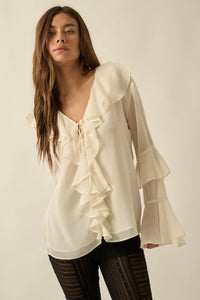 Romance Language Ruffled Chiffon Tie-Front Top - ShopPromesa
