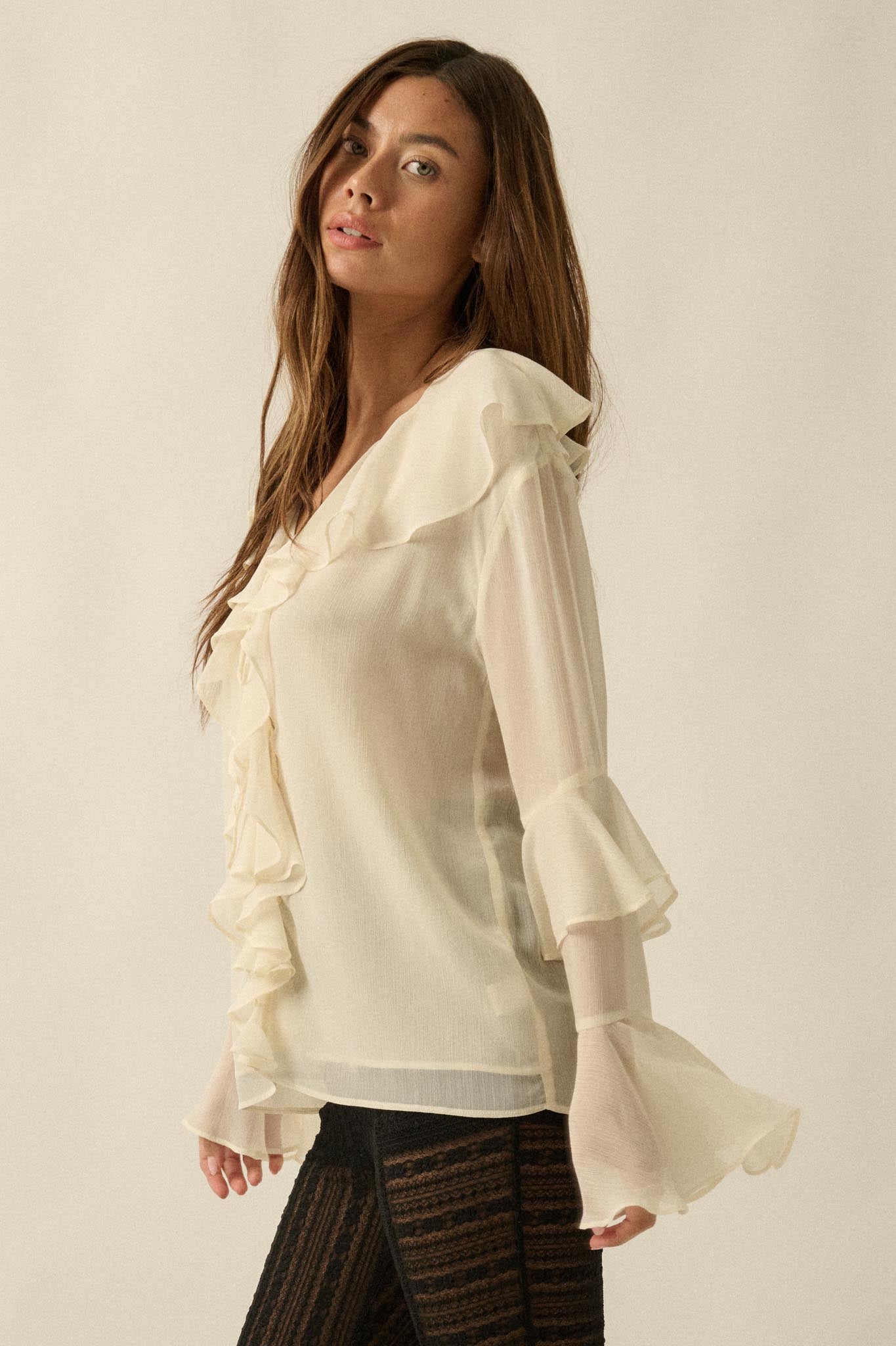 Romance Language Ruffled Chiffon Tie-Front Top - ShopPromesa