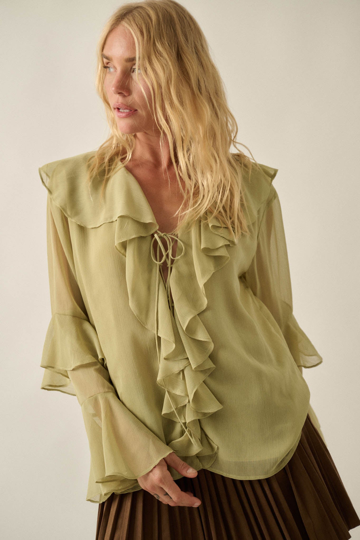 Romance Language Ruffled Chiffon Tie-Front Top