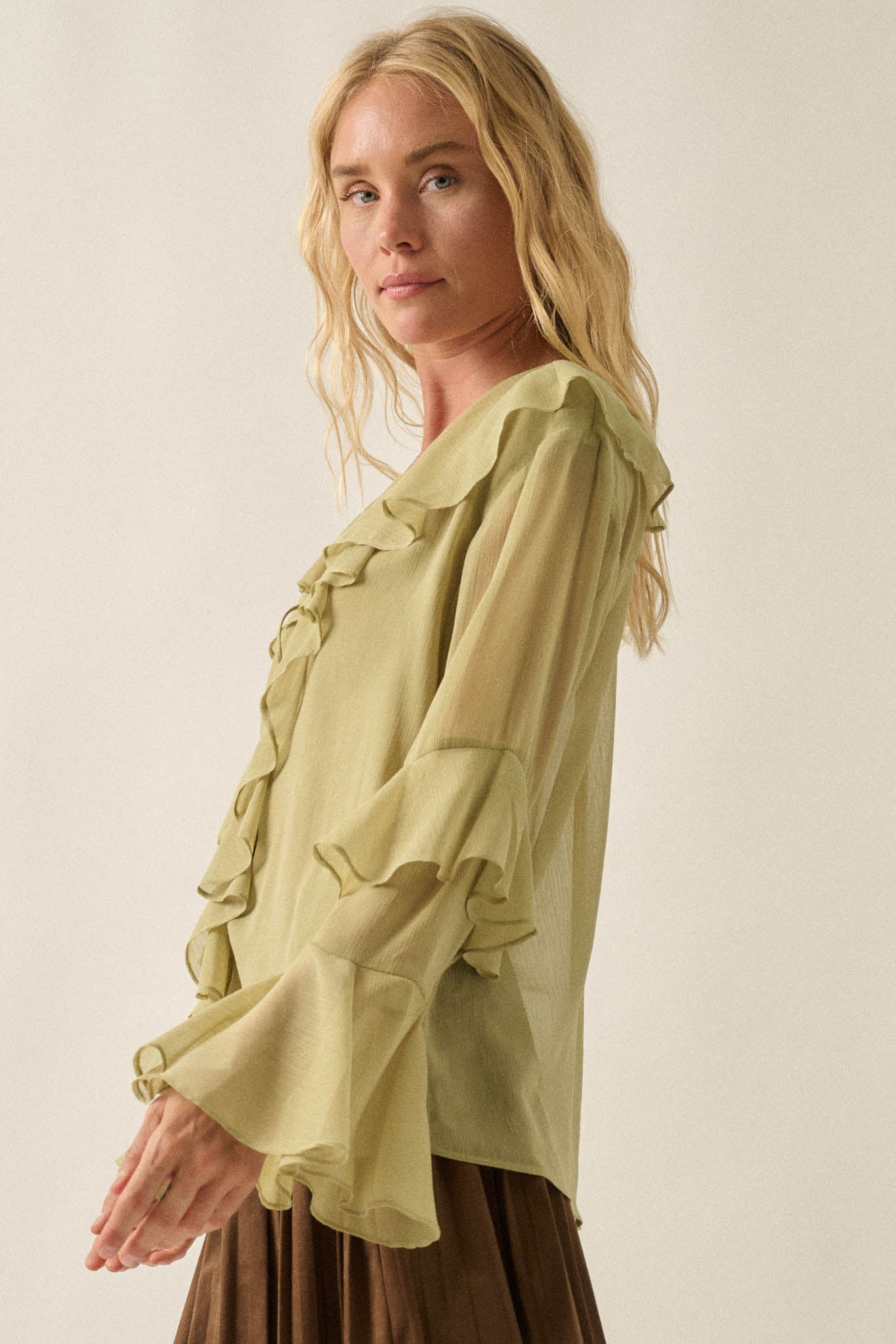 Romance Language Ruffled Chiffon Tie-Front Top