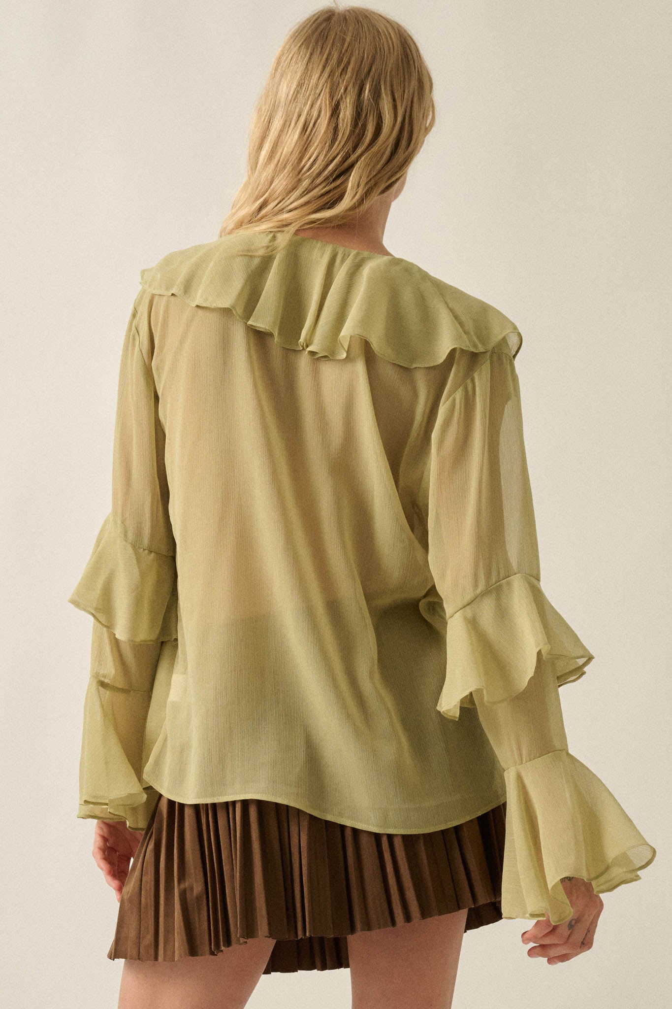 Romance Language Ruffled Chiffon Tie-Front Top
