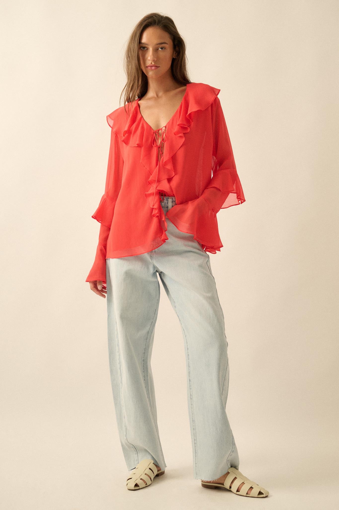 Romance Language Ruffled Chiffon Tie-Front Top - ShopPromesa