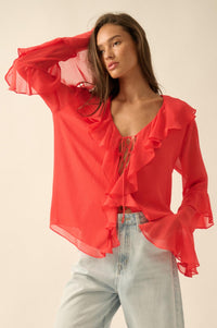 Romance Language Ruffled Chiffon Tie-Front Top - ShopPromesa