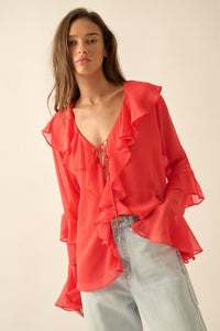 Romance Language Ruffled Chiffon Tie-Front Top - ShopPromesa