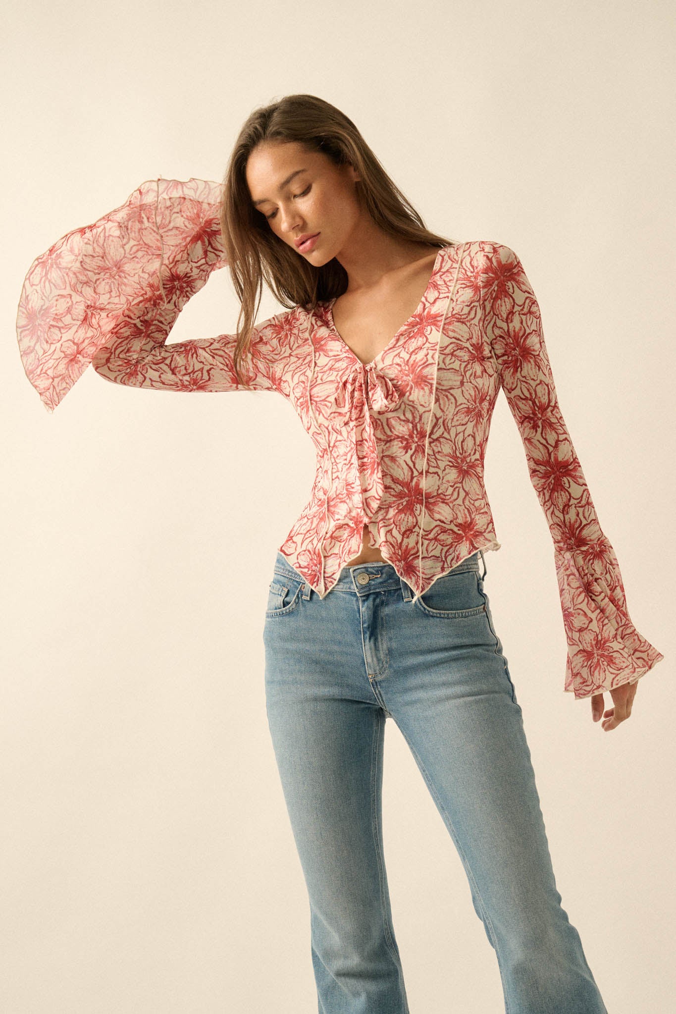 Wild Lilies Floral Mesh Tie-Front Bell-Sleeve Top - ShopPromesa
