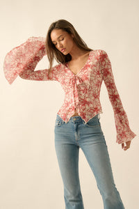 Wild Lilies Floral Mesh Tie-Front Bell-Sleeve Top - ShopPromesa
