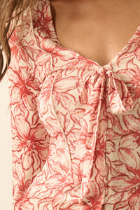Wild Lilies Floral Mesh Tie-Front Bell-Sleeve Top - ShopPromesa