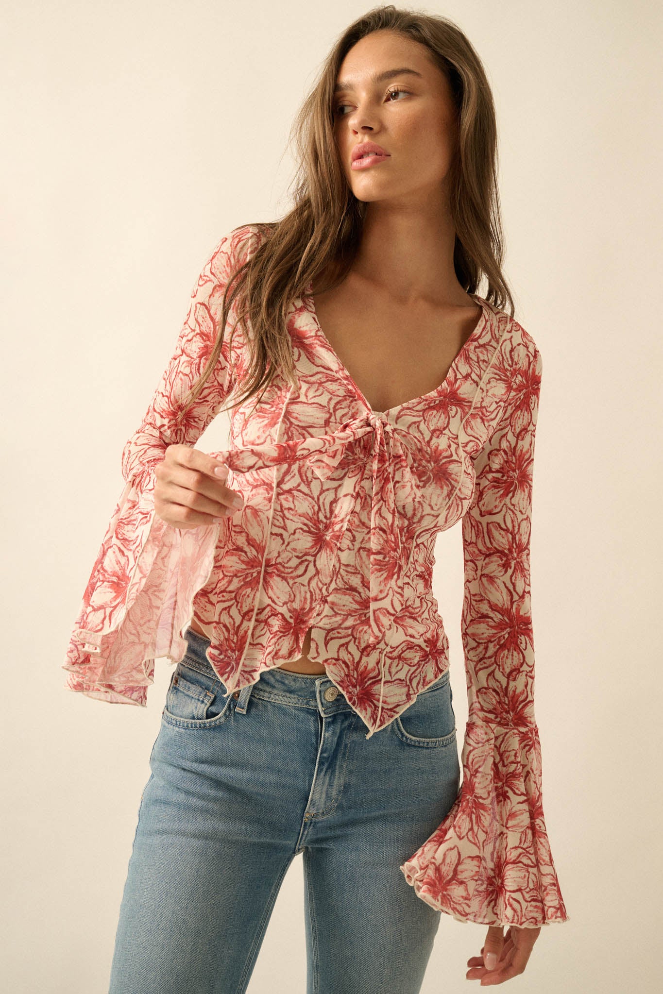 Wild Lilies Floral Mesh Tie-Front Bell-Sleeve Top - ShopPromesa