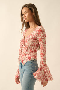 Wild Lilies Floral Mesh Tie-Front Bell-Sleeve Top - ShopPromesa
