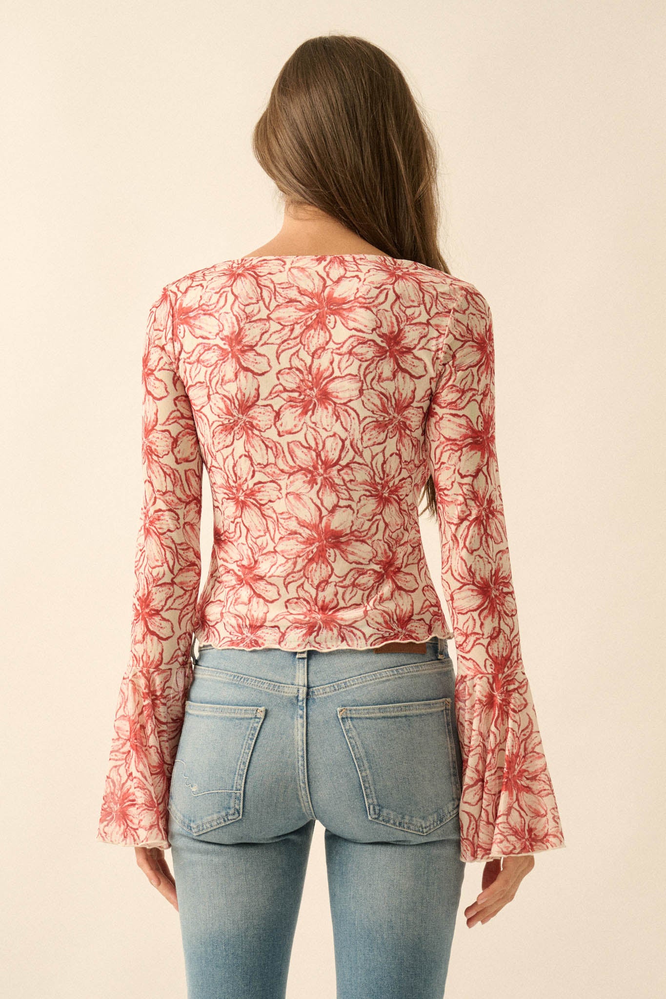Wild Lilies Floral Mesh Tie-Front Bell-Sleeve Top - ShopPromesa