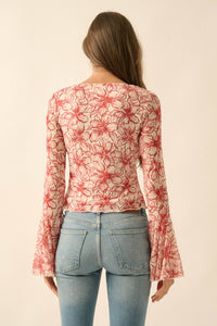 Wild Lilies Floral Mesh Tie-Front Bell-Sleeve Top - ShopPromesa