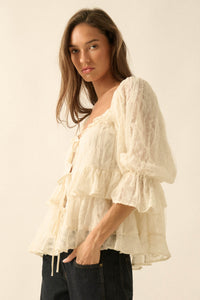 Beauty Spot Ruffled Swiss Dot Tie-Front Peasant Top - ShopPromesa