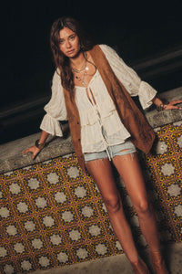 Beauty Spot Ruffled Swiss Dot Tie-Front Peasant Top - ShopPromesa