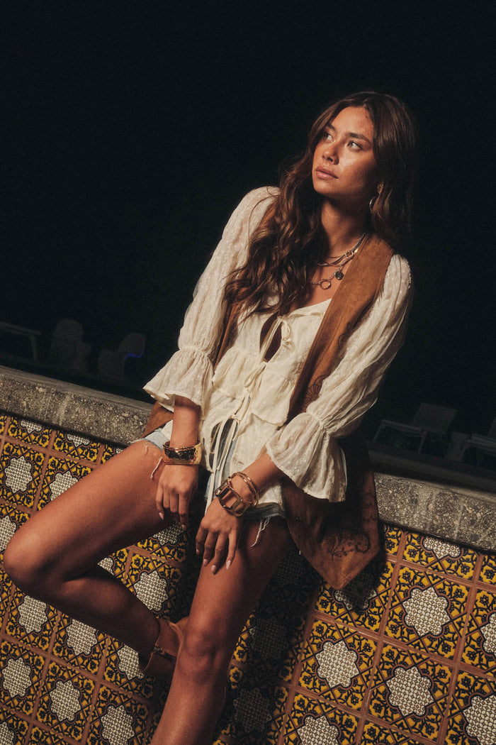 Beauty Spot Ruffled Swiss Dot Tie-Front Peasant Top - ShopPromesa