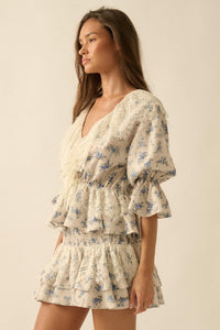 True Beauty Floral Puff-Sleeve Ruffle Peplum Top - ShopPromesa