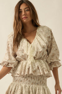 True Beauty Floral Puff-Sleeve Ruffle Peplum Top - ShopPromesa