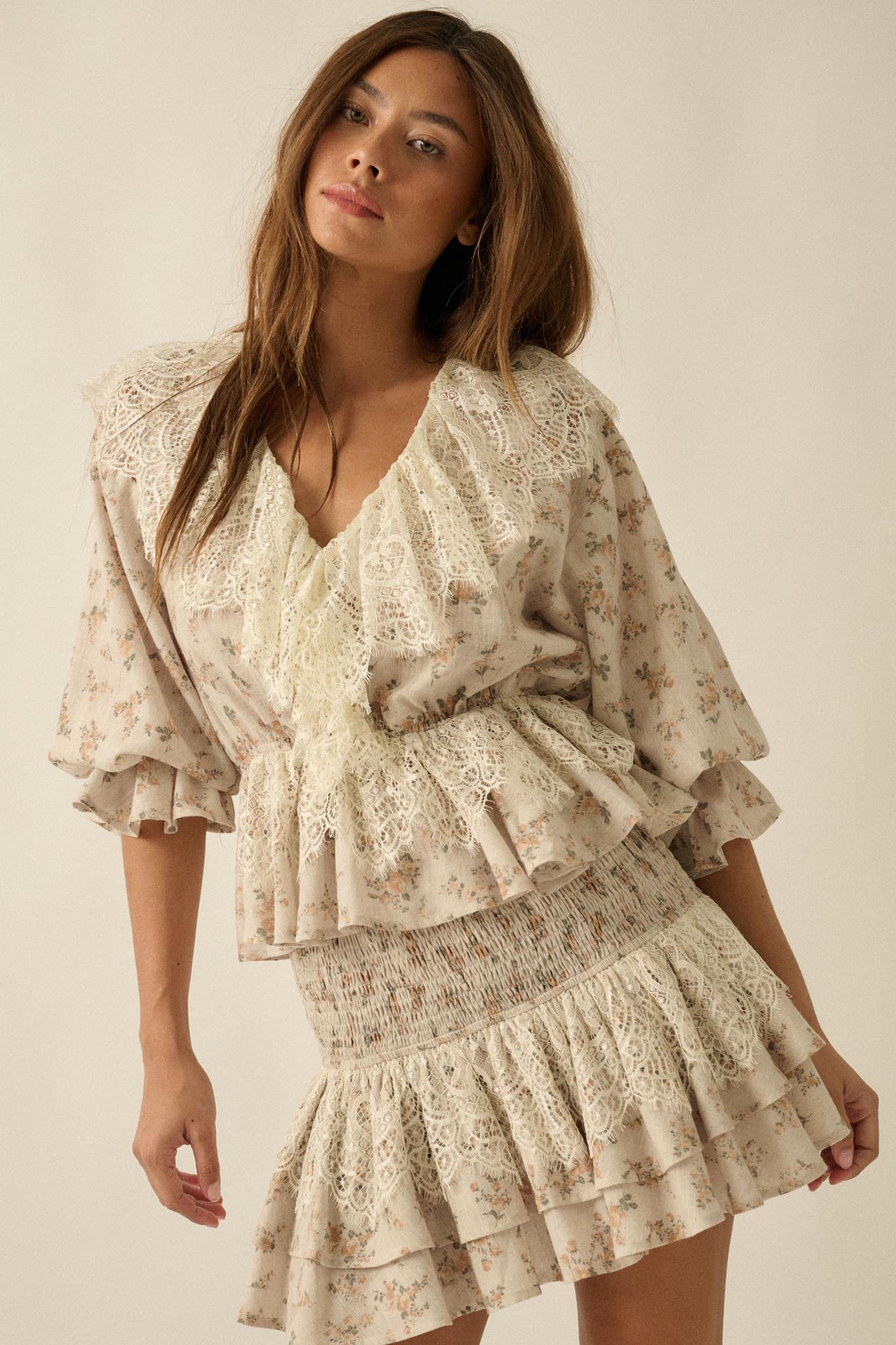 True Beauty Floral Puff-Sleeve Ruffle Peplum Top - ShopPromesa