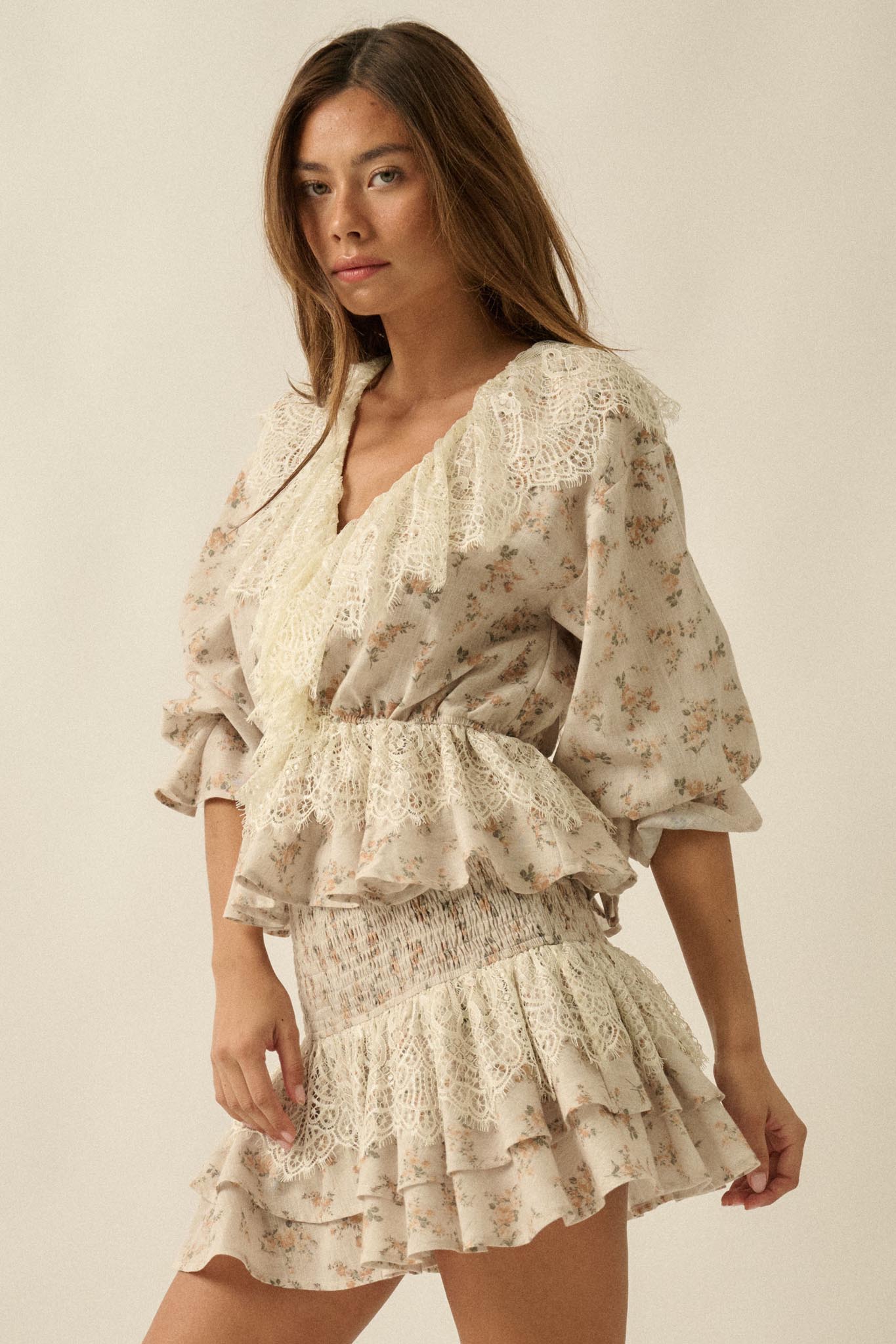 True Beauty Floral Puff-Sleeve Ruffle Peplum Top - ShopPromesa