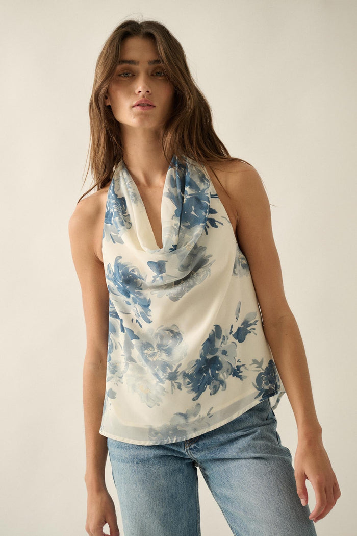 Pure Elegance Floral Chiffon Cowl-Neck Halter Top - ShopPromesa