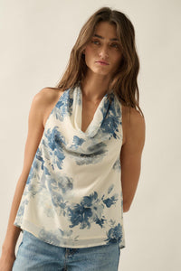 Pure Elegance Floral Chiffon Cowl-Neck Halter Top - ShopPromesa