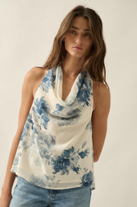 Pure Elegance Floral Chiffon Cowl-Neck Halter Top - ShopPromesa