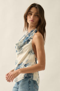 Pure Elegance Floral Chiffon Cowl-Neck Halter Top - ShopPromesa