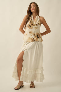 Pure Elegance Floral Chiffon Cowl-Neck Halter Top - ShopPromesa