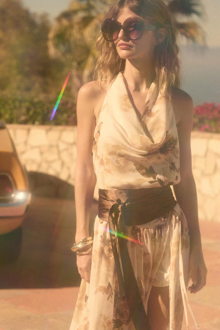 Pure Elegance Floral Chiffon Cowl-Neck Halter Top - ShopPromesa