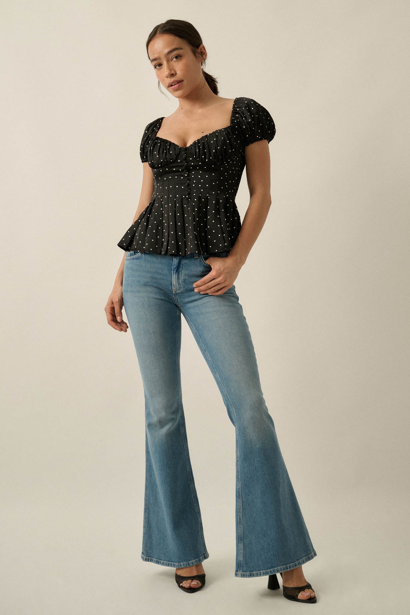 On the Dot Polka Dot Satin Puff-Sleeve Peplum Top - ShopPromesa