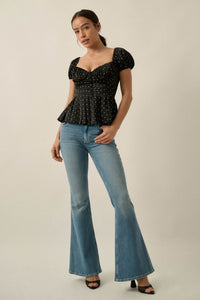 On the Dot Polka Dot Satin Puff-Sleeve Peplum Top - ShopPromesa