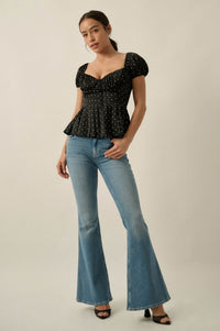 On the Dot Polka Dot Satin Puff-Sleeve Peplum Top - ShopPromesa
