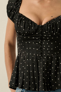 On the Dot Polka Dot Satin Puff-Sleeve Peplum Top - ShopPromesa